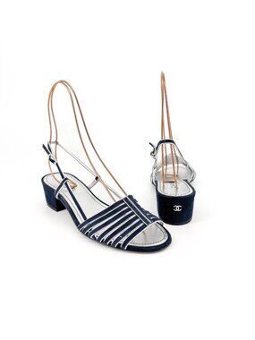 Chanel CC Strappy Slingback Sandals Block Heel Navy Blue Silver Size 37 US 6-6.5